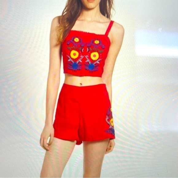 BP Red Embroidered High-Waisted Linen Shorts – NWT, Size Medium - Picture 1 of 9